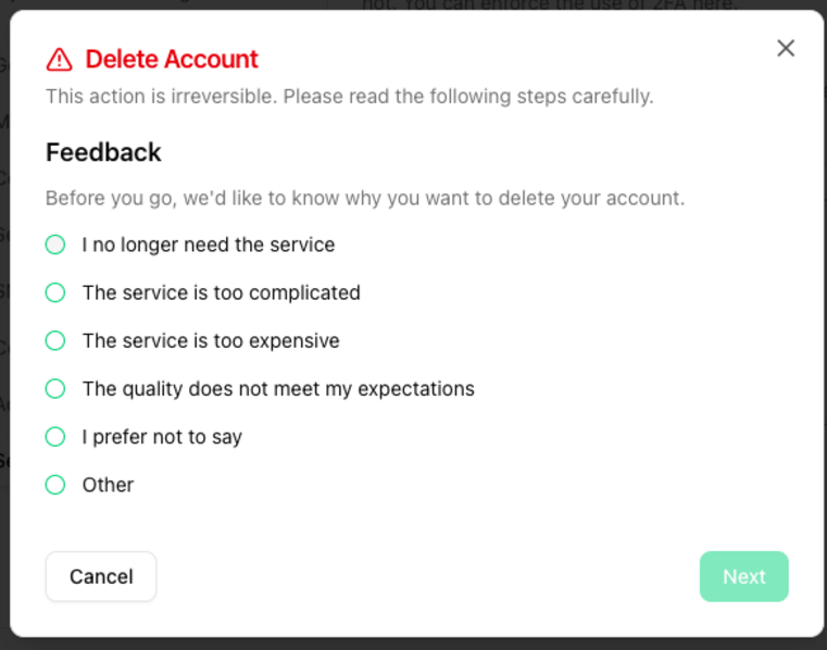 Delete Account dialog with the feedback question