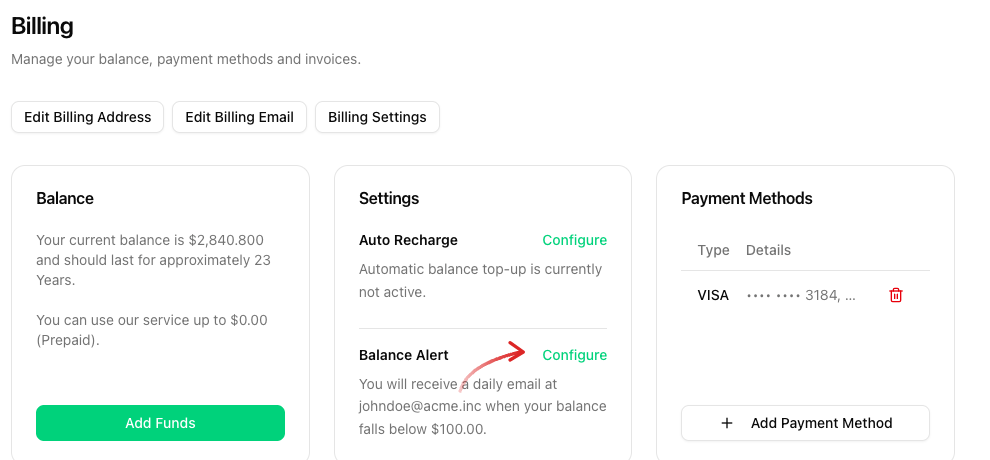 Billing page with the Settings card and an arrow on the Configure link next to Balance Alert