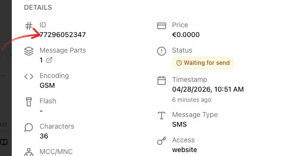 Message Details sidebar showing the SMS ID