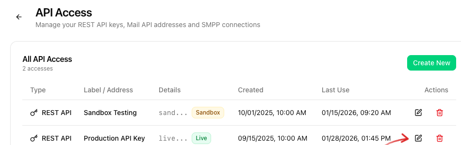 API Access overview with two REST API keys and an arrow on the pencil icon